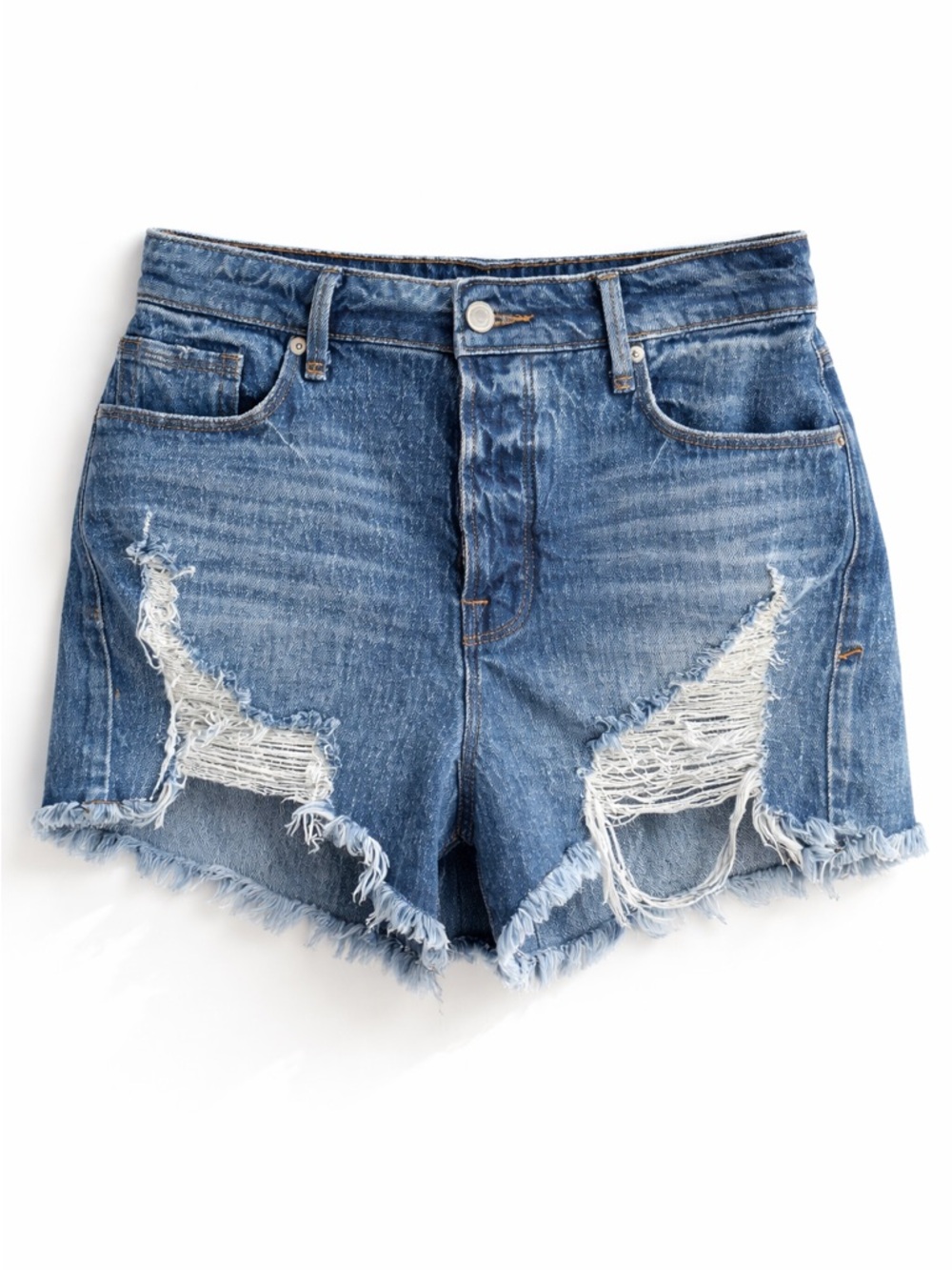 Good American High Rise Distressed Denim Shorts Button Fly Raw Hem Size 27